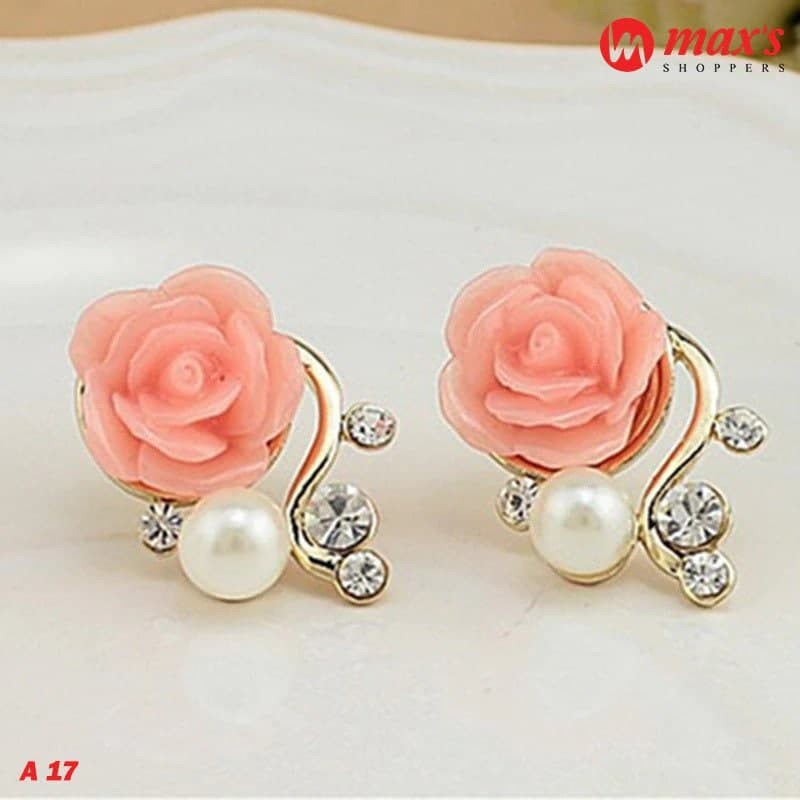 Pink Rose Flower Pearl Earrings-A17